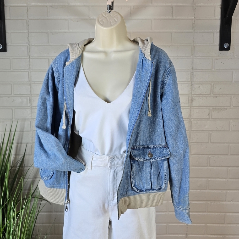 J. Jill Blue Denim Hooded Lined Bomber Jacket Oversized Extra Small